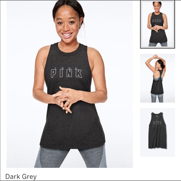 VS PINK “Love Pink” Dark Grey Twisted Back Muscle Tank - Picture 3 of 5